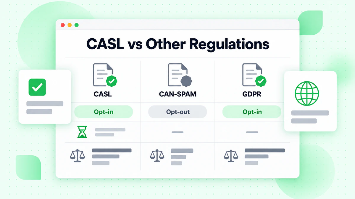 Dreispaltige Tafel vergleicht Opt-in- und Opt-out-Einwilligung: CASL im Vergleich zu anderen Bestimmungen