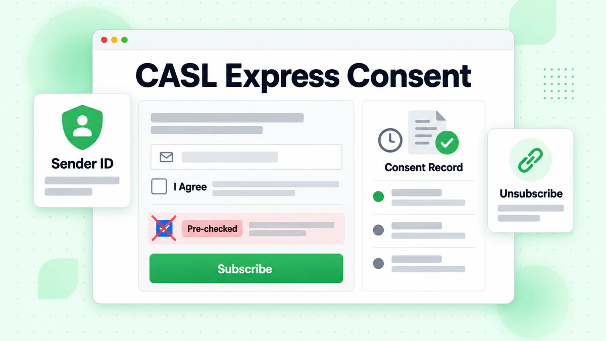 Opt-in-Formular mit leerem Kontrollkästchen und Einwilligungsnachweis: ausdrückliche Zustimmung unter CASL