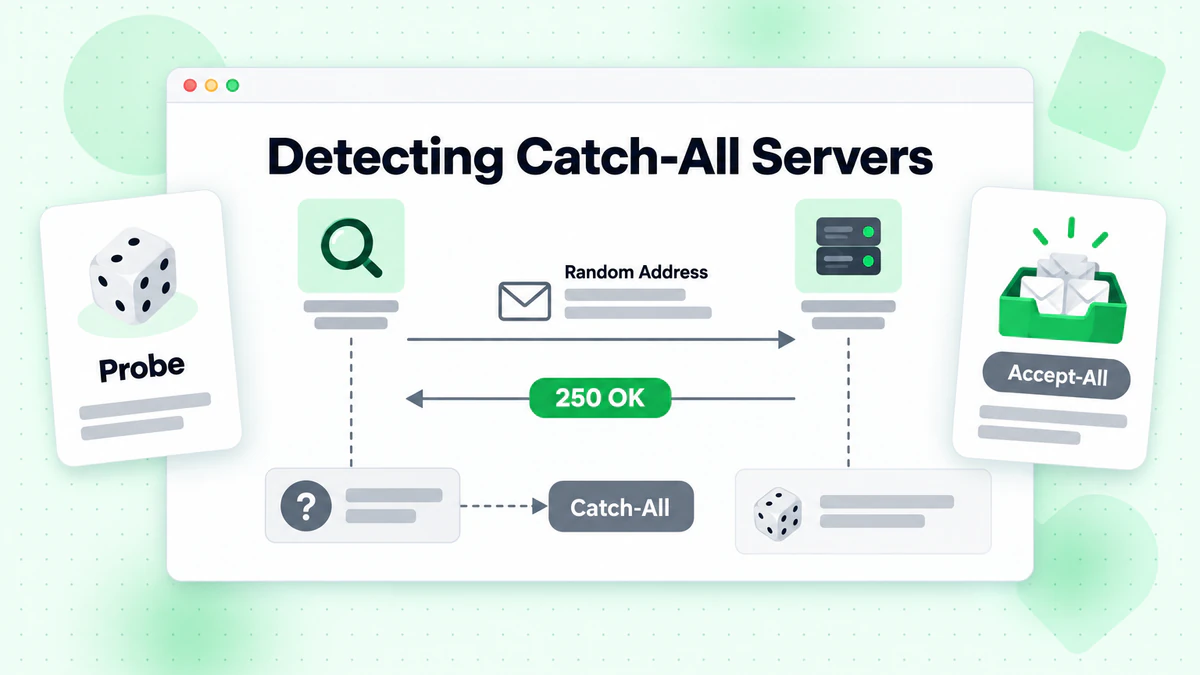 Diagram sekwencji sondy losowego adresu z odpowiedzią 250 OK, sposób na wykrywanie serwerów catch-all
