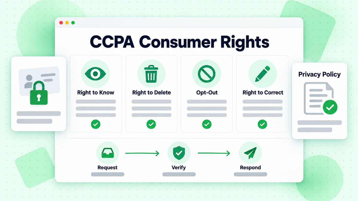 열람, 삭제, 옵트아웃을 다루는 네 장의 권리 카드와 요청 타임라인: CCPA 소비자 권리