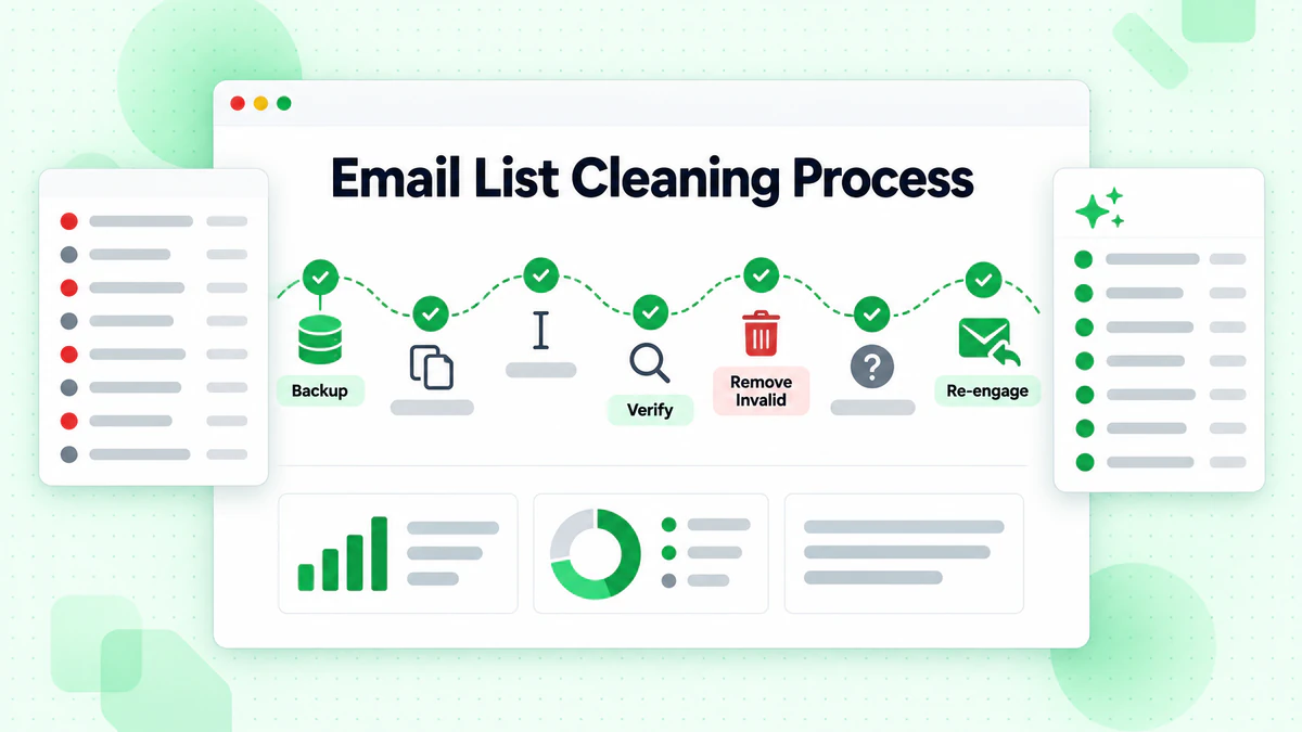 Winding seven-marker path from backup to re-engage showing an email list cleaning process