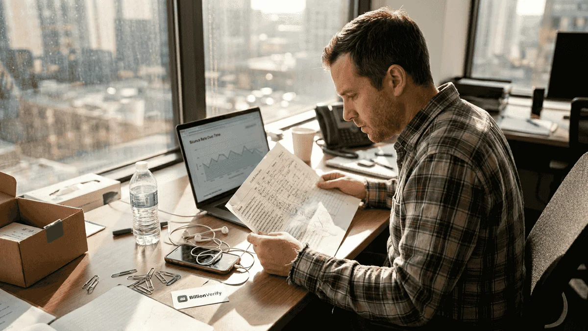 Man reviewing a printed email list beside a laptop showing bounce rate over time