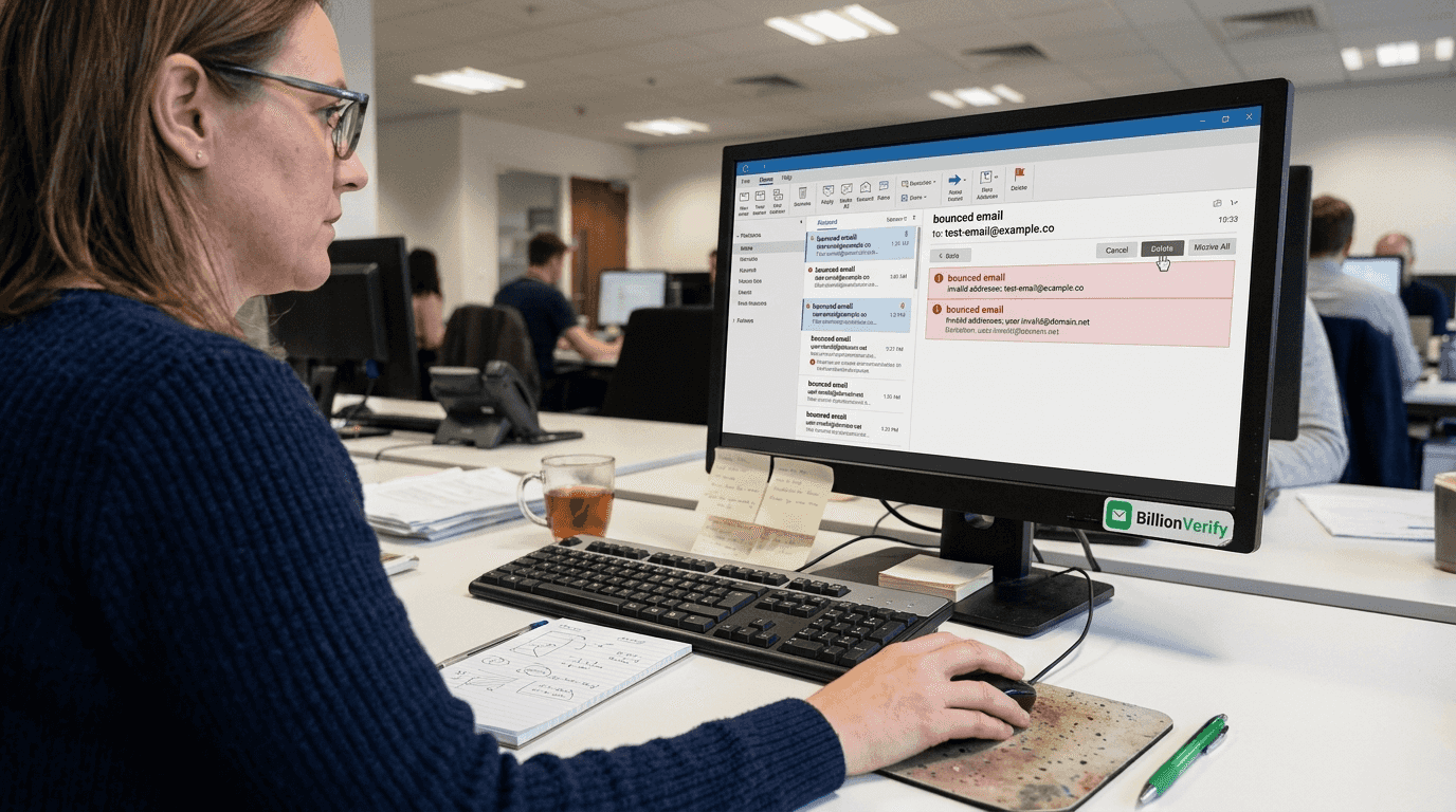 Woman removing invalid emails at office computer