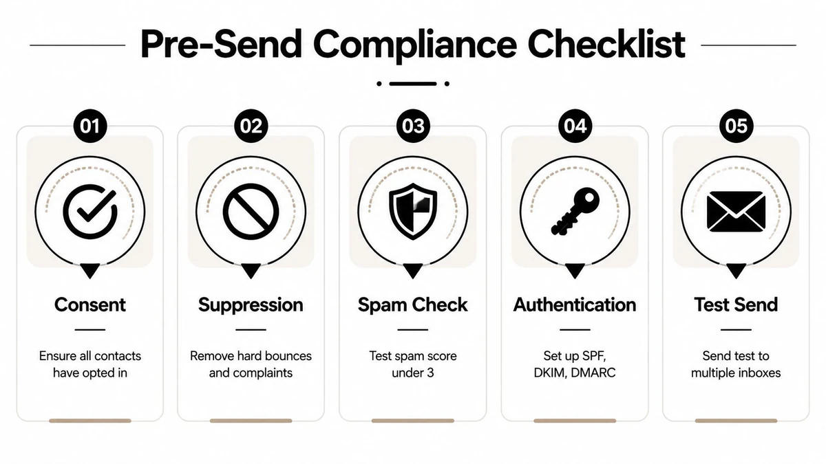 A five-step pre-send compliance checklist for email marketing including consent, suppression, spam check, authentication, and testing.