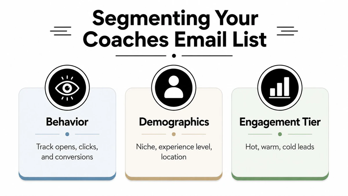 A guide showing three ways to segment your coaches email list: behavior, demographics, and engagement tier.