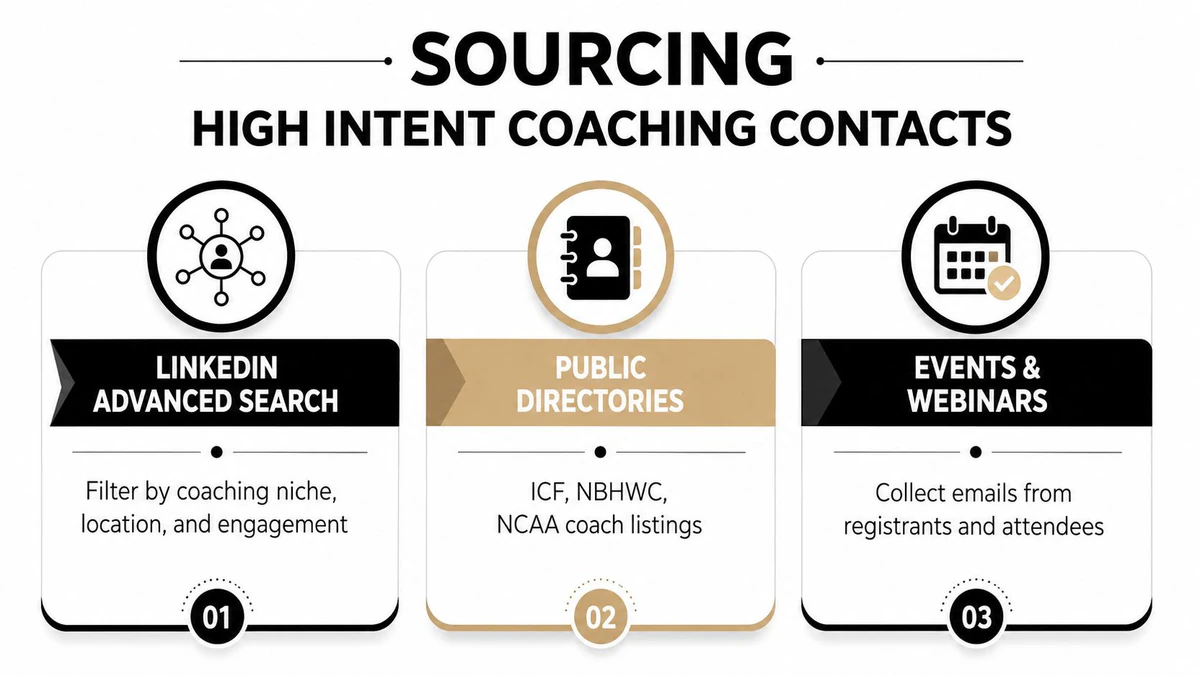 A graphic showing three methods to source high intent coaching contacts including LinkedIn, directories, and events.