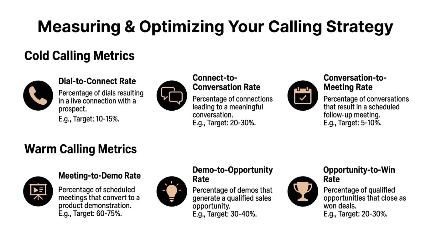 A diagram outlining key performance indicators for measuring and optimizing cold and warm calling strategies.