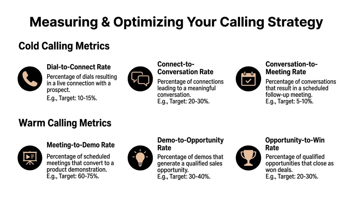 A diagram outlining key performance indicators for measuring and optimizing cold and warm calling strategies.