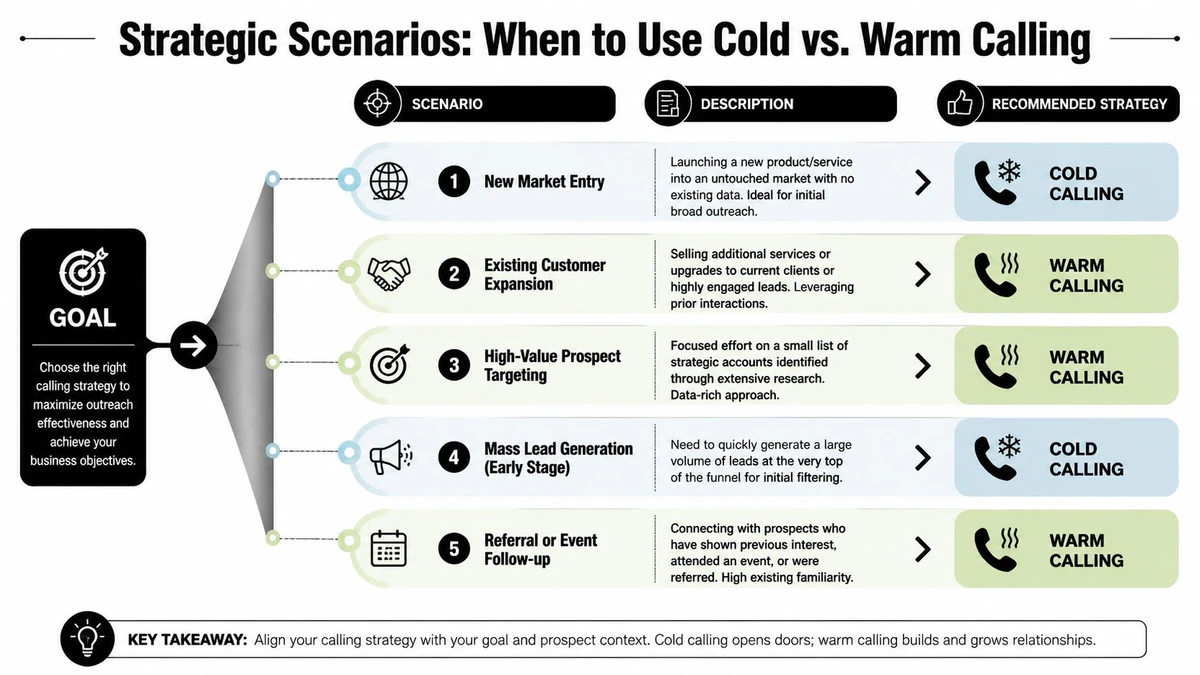 A strategic flowchart comparing when to use cold calling versus warm calling for business sales outreach.