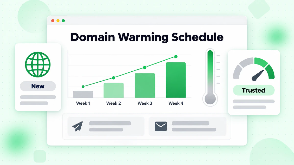 Domain warming schedule chart with weekly send volume bars rising from a new domain to a trusted one