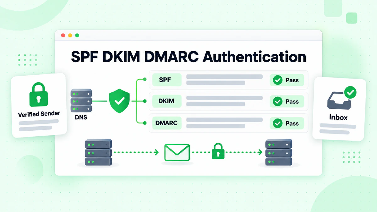 SPF DKIM DMARC authentication records passing checks, linking a DNS server to a verified inbox