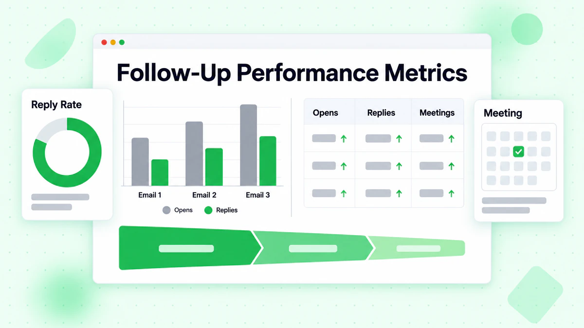 Dashboard zur Follow-Up-Performance vergleicht Öffnungen, Antworten und Meetings je E-Mail der Sequenz