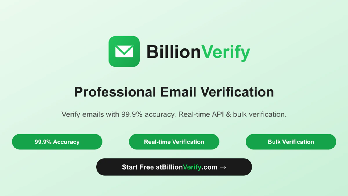 BillionVerify banner for cold email verification with 99.9% accuracy, real-time API and bulk badges
