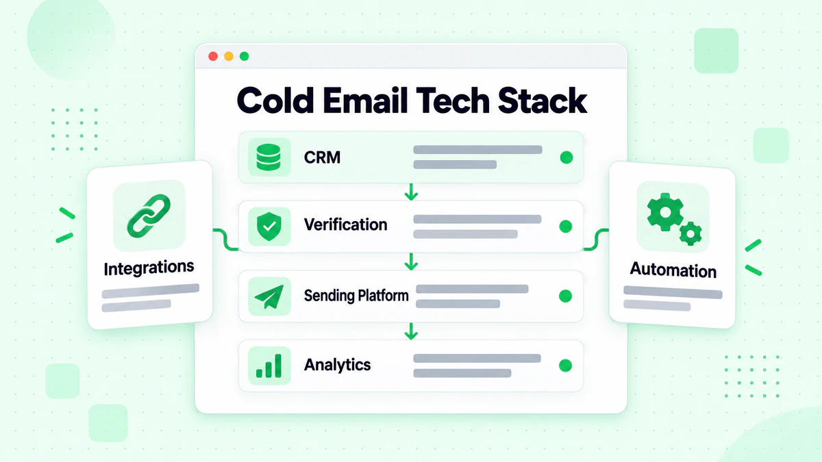 Cold email tech stack diagram layering CRM, verification, sending platform and analytics tools