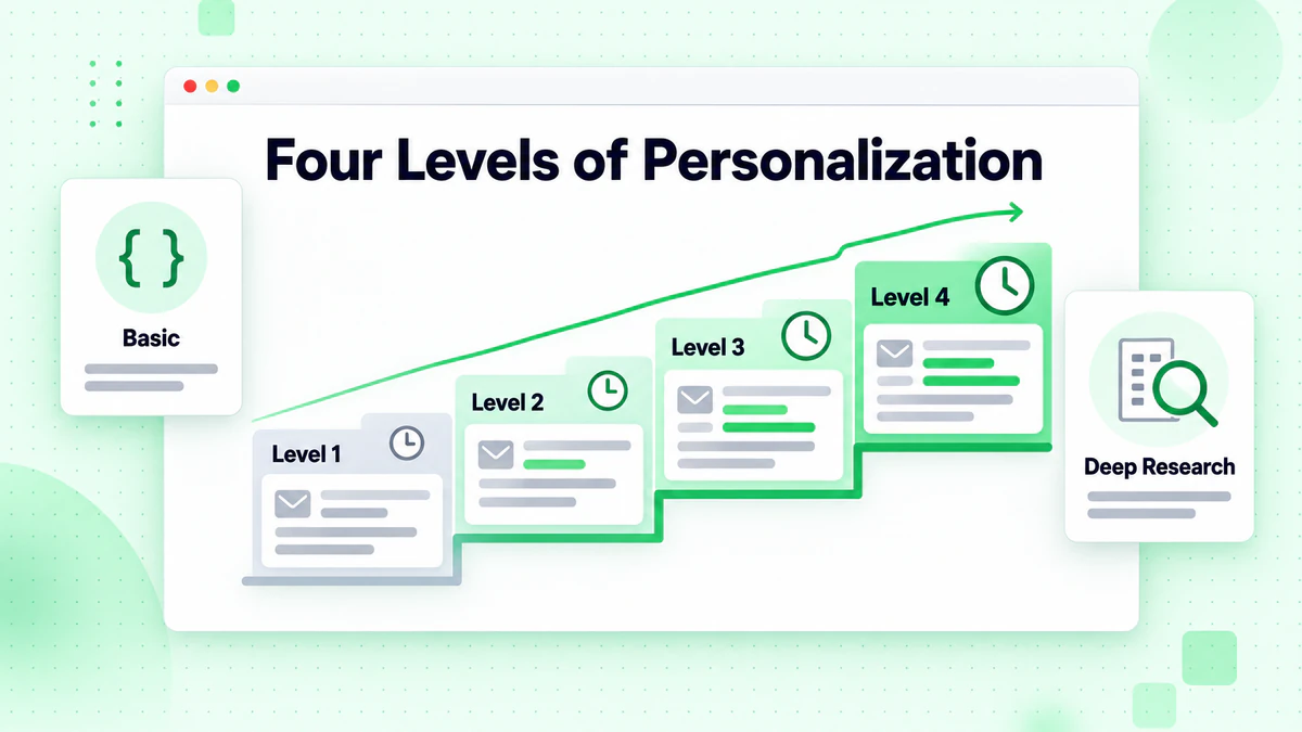 I 4 livelli di personalizzazione come scala, dai campi unione di base alla ricerca approfondita sui prospect
