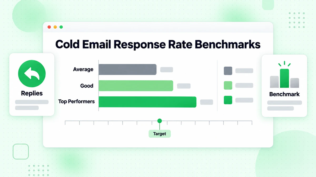 Cold email response rate benchmarks compared as average, good and top performer bars against a target