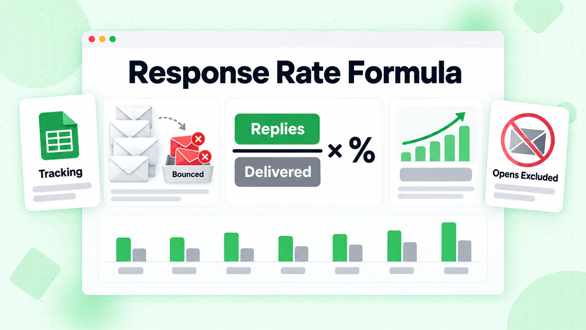 Response rate formula dividing replies by delivered emails, with bounced messages set aside