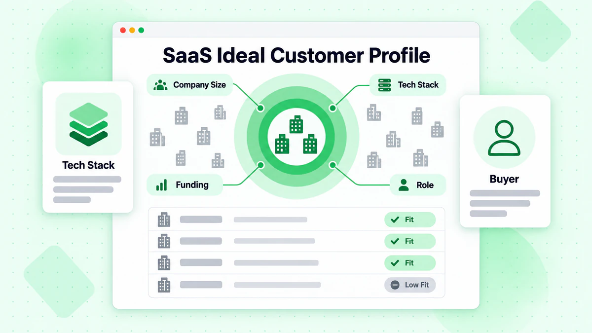 SaaS ideal customer profile target matching accounts by company size, tech stack, funding and role