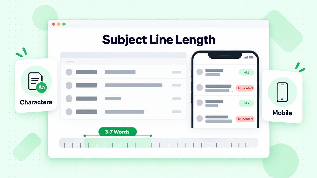 Subject line length compared on desktop and mobile inboxes, with long subjects truncated on a phone