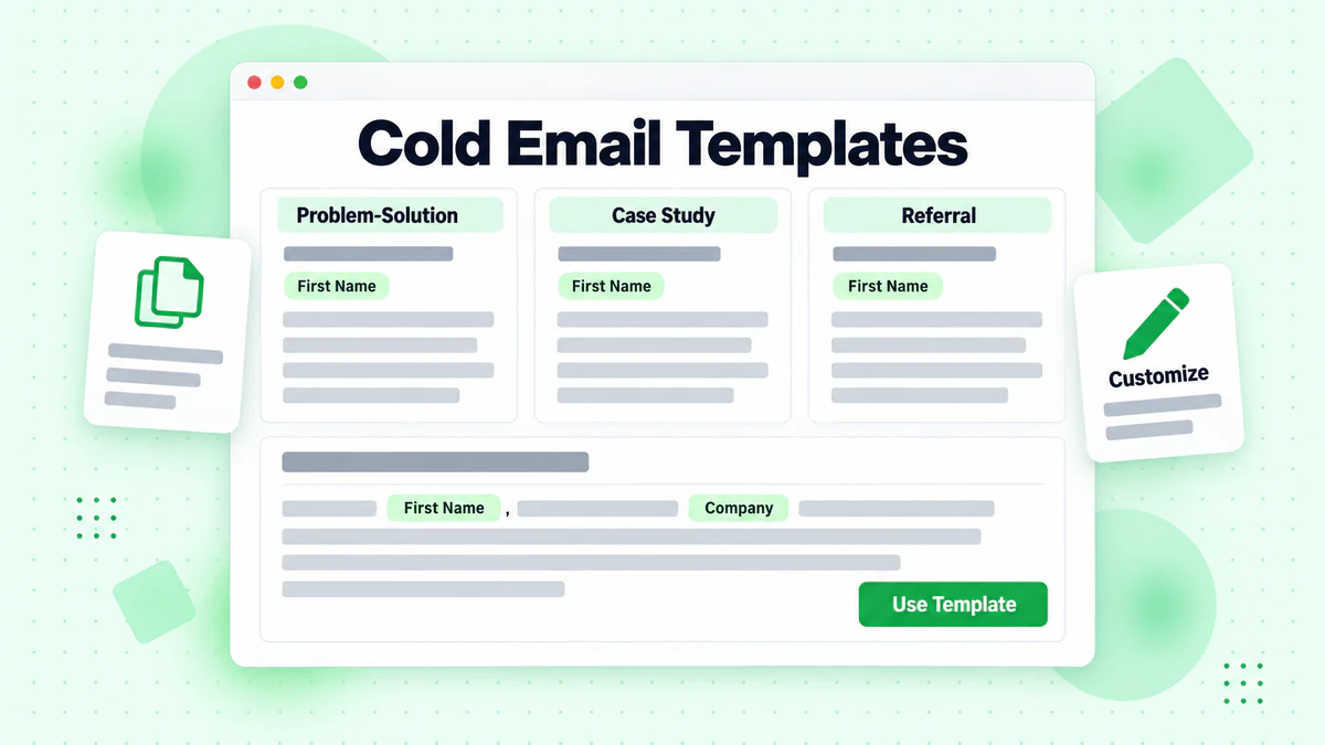 Cold email templates library with problem-solution, case study and referral cards and editable placeholders