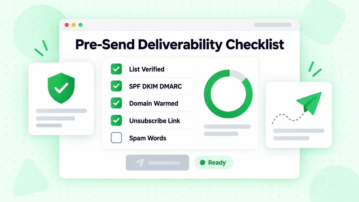 Pre-send deliverability checklist with verified list, authentication and warmed domain items ticked