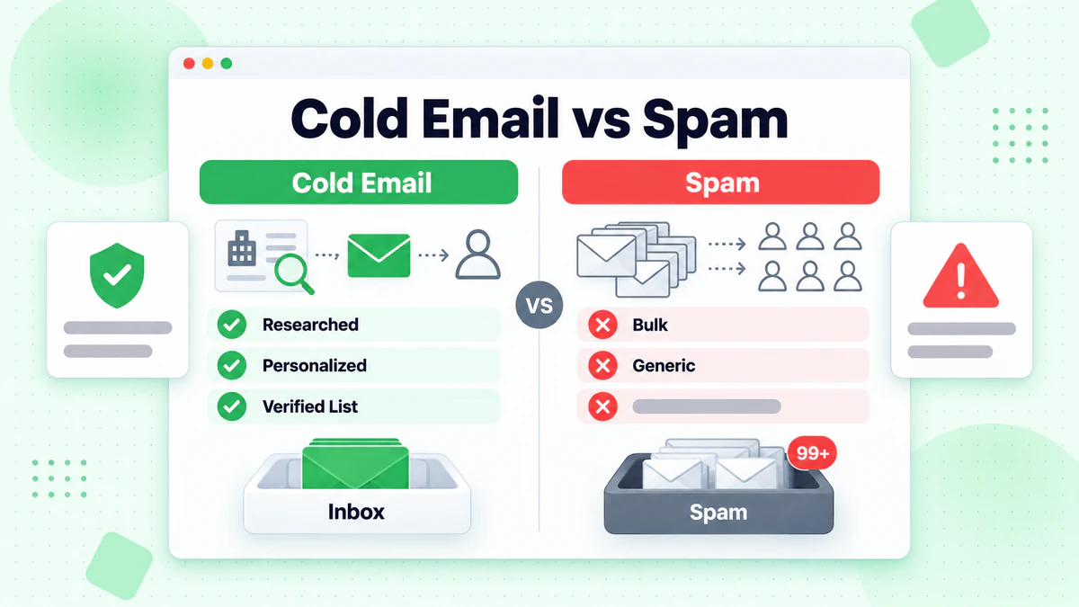 Cold email vs spam side by side: researched, personalized sends against generic bulk mail in a spam folder