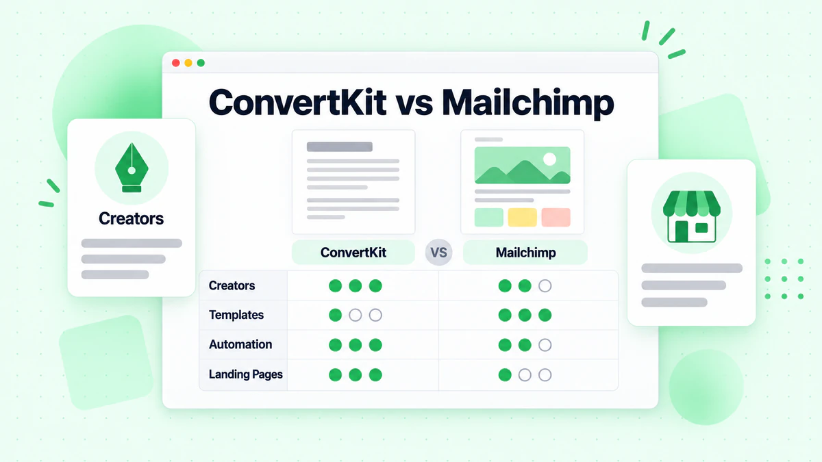 ConvertKit vs Mailchimp comparison grid rating creators, templates, automation and landing pages