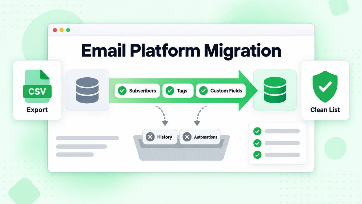 Email platform migration moving subscribers, tags and custom fields while history stays behind