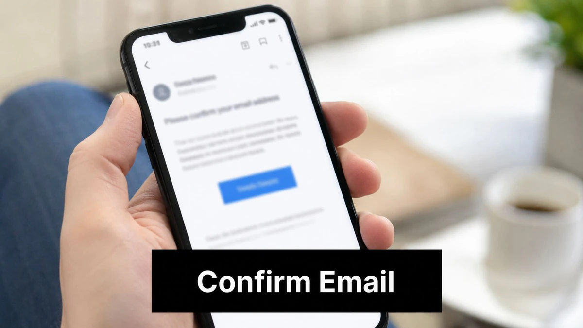 A close-up view of a hand holding a smartphone displaying an email address confirmation screen.