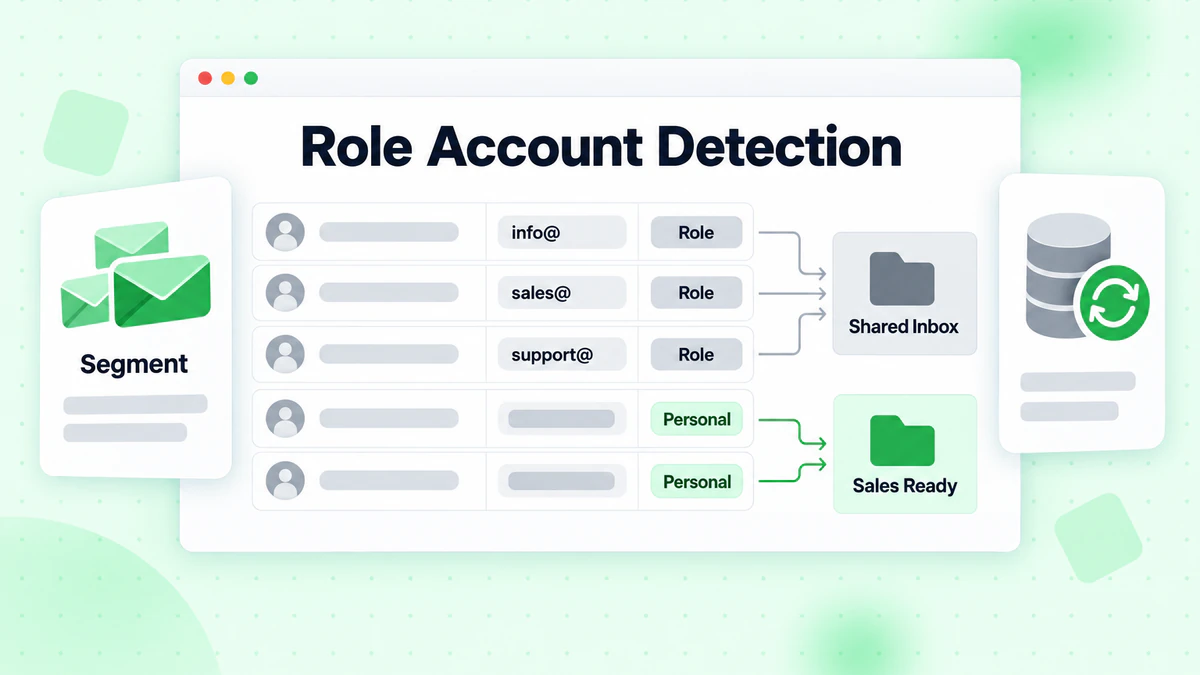Role account detection in a CRM table, routing info@ and sales@ contacts into a shared inbox segment