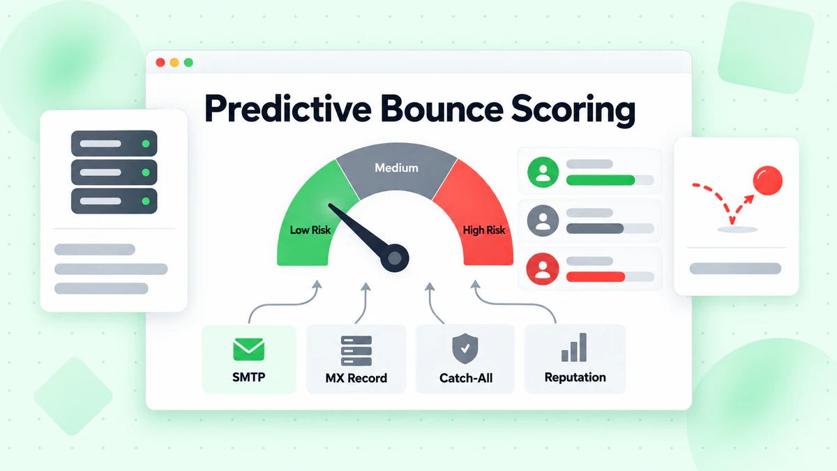 Predictive bounce scoring gauge combining SMTP, MX record, catch-all and reputation signals into risk