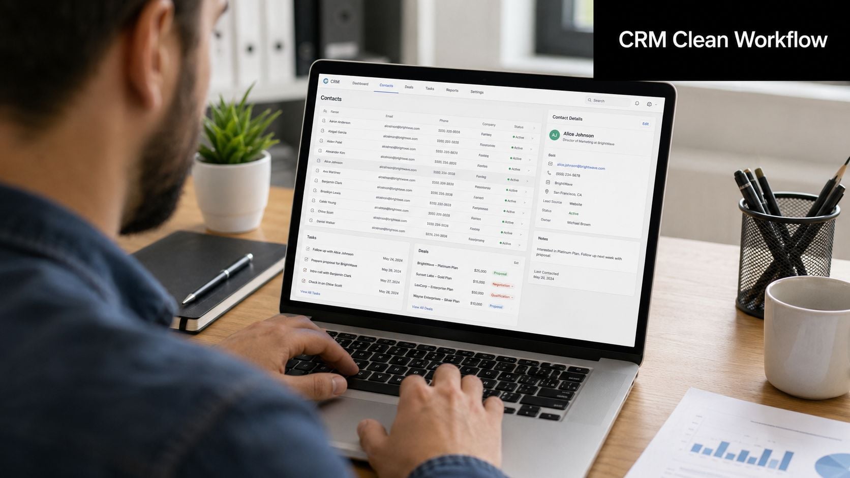 Une personne utilisant un ordinateur portable pour consulter un tableau de bord CRM avec une liste de contacts et d'affaires.