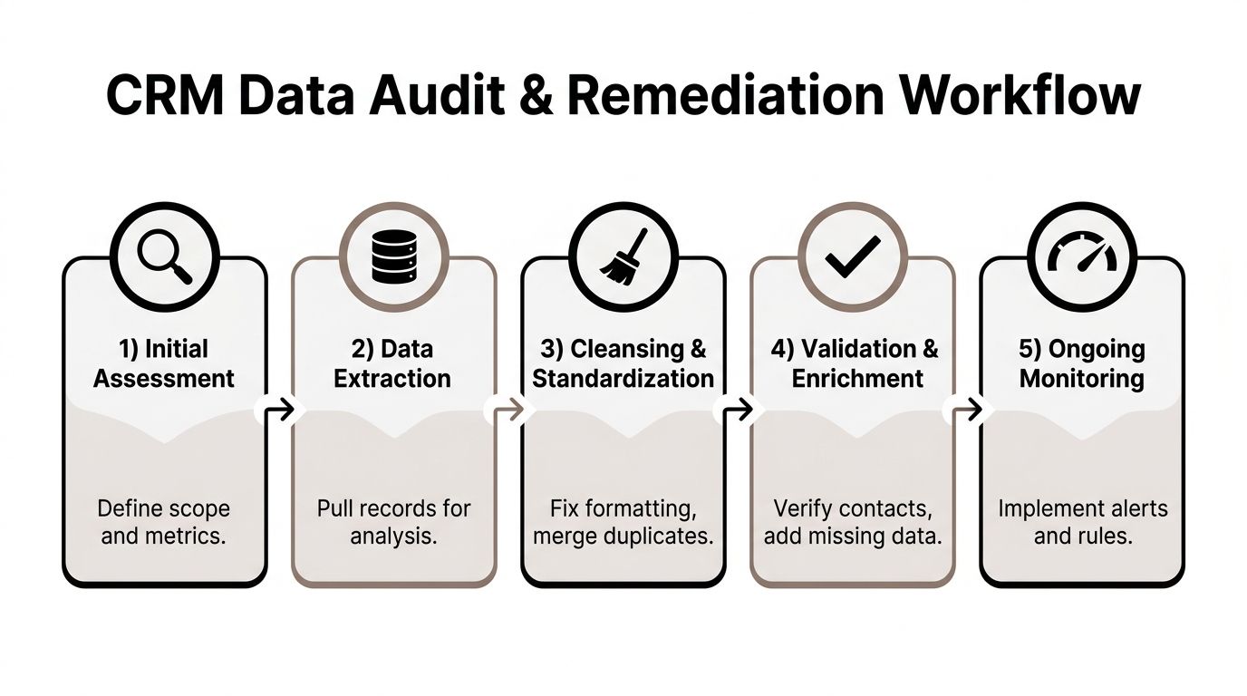 Organigramme en cinq étapes illustrant le workflow d’audit et de remédiation des données CRM, de l’évaluation à la surveillance continue.