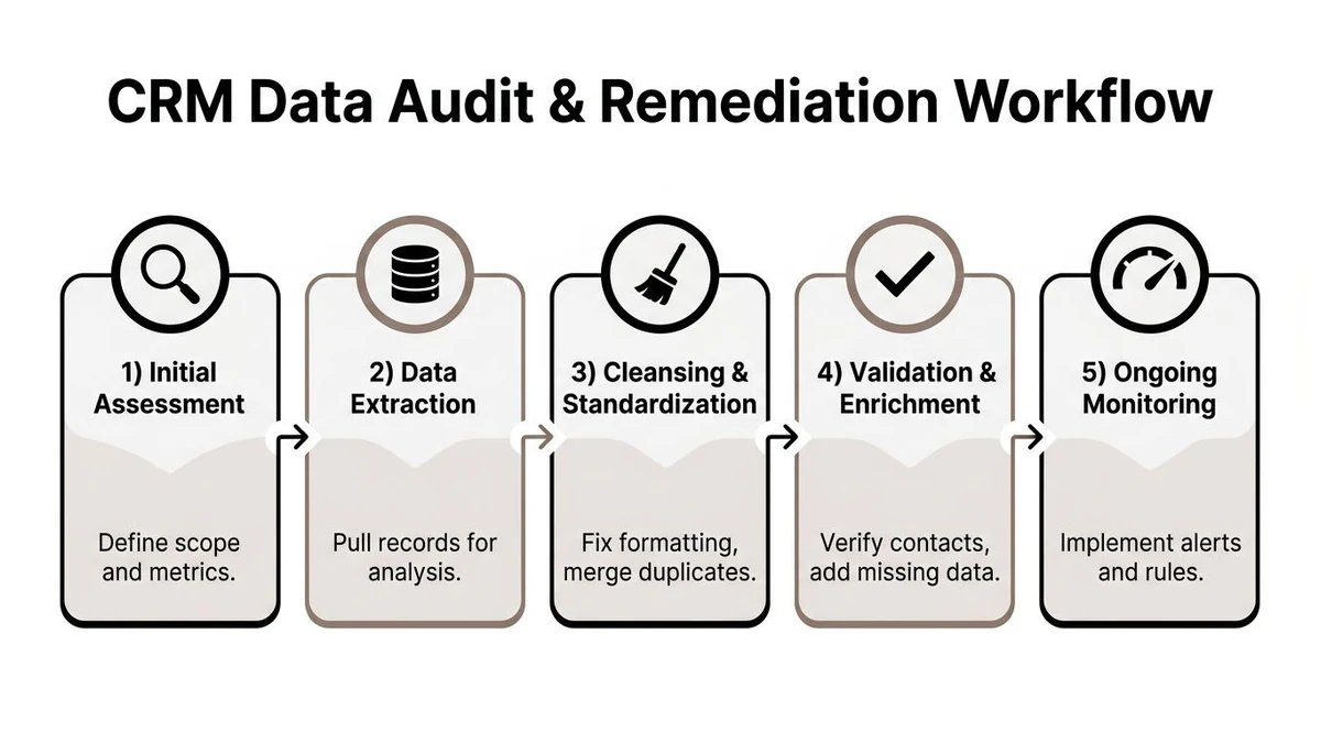 A five-step flowchart illustrating the CRM data audit and remediation workflow from assessment to ongoing monitoring.