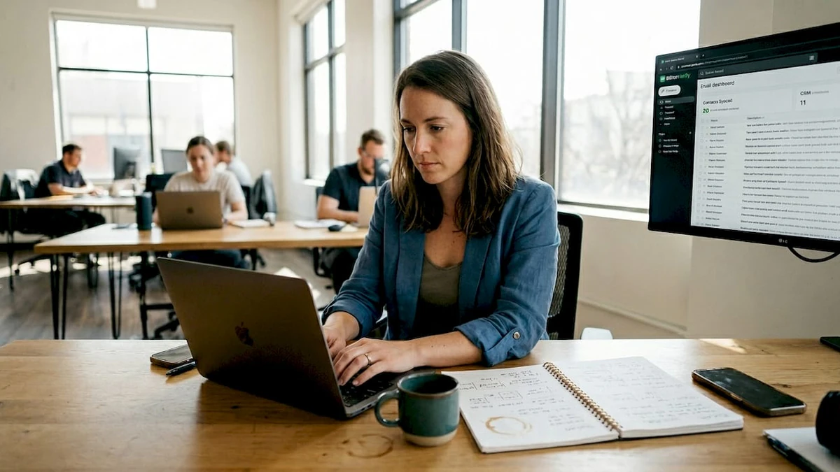 ノートパソコンに向かう女性、横のモニターには CRM 統合によるメールマーケティングのダッシュボード