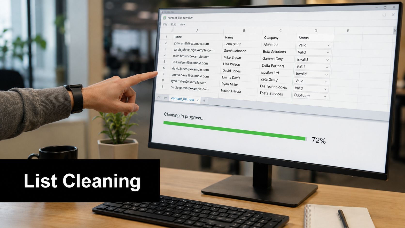 A person pointing at a computer screen showing a data spreadsheet list undergoing a cleaning process.