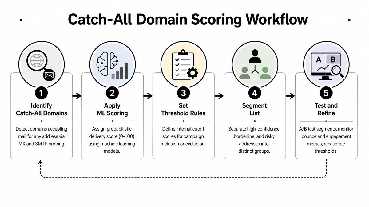A five-step flowchart illustrating a professional Catch-All Domain Scoring Workflow for email data management.