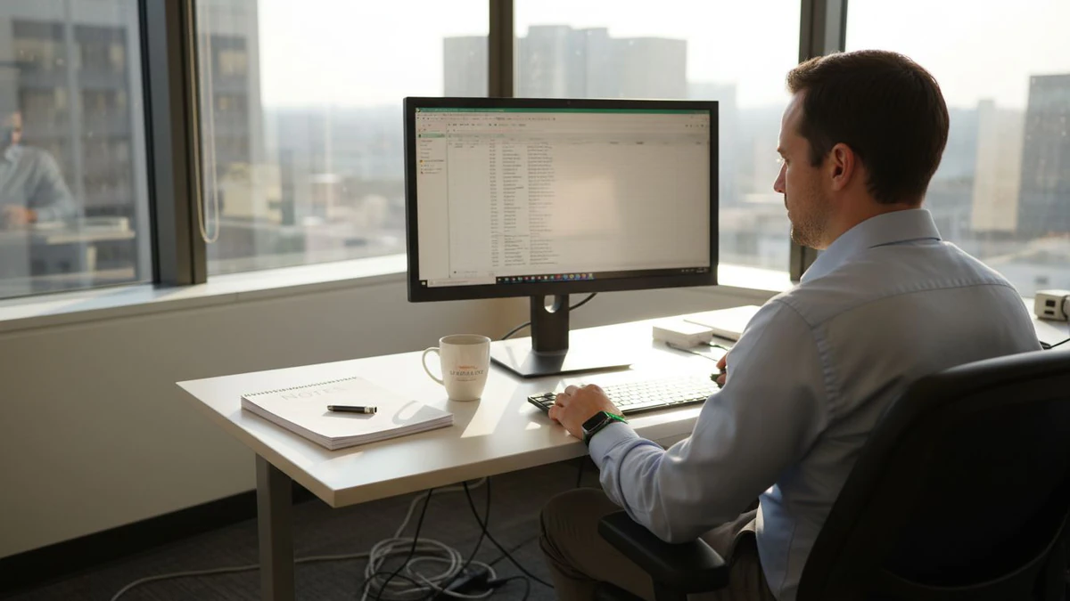 Man at an office desk reviewing a list on his monitor for a guide to what is email verification