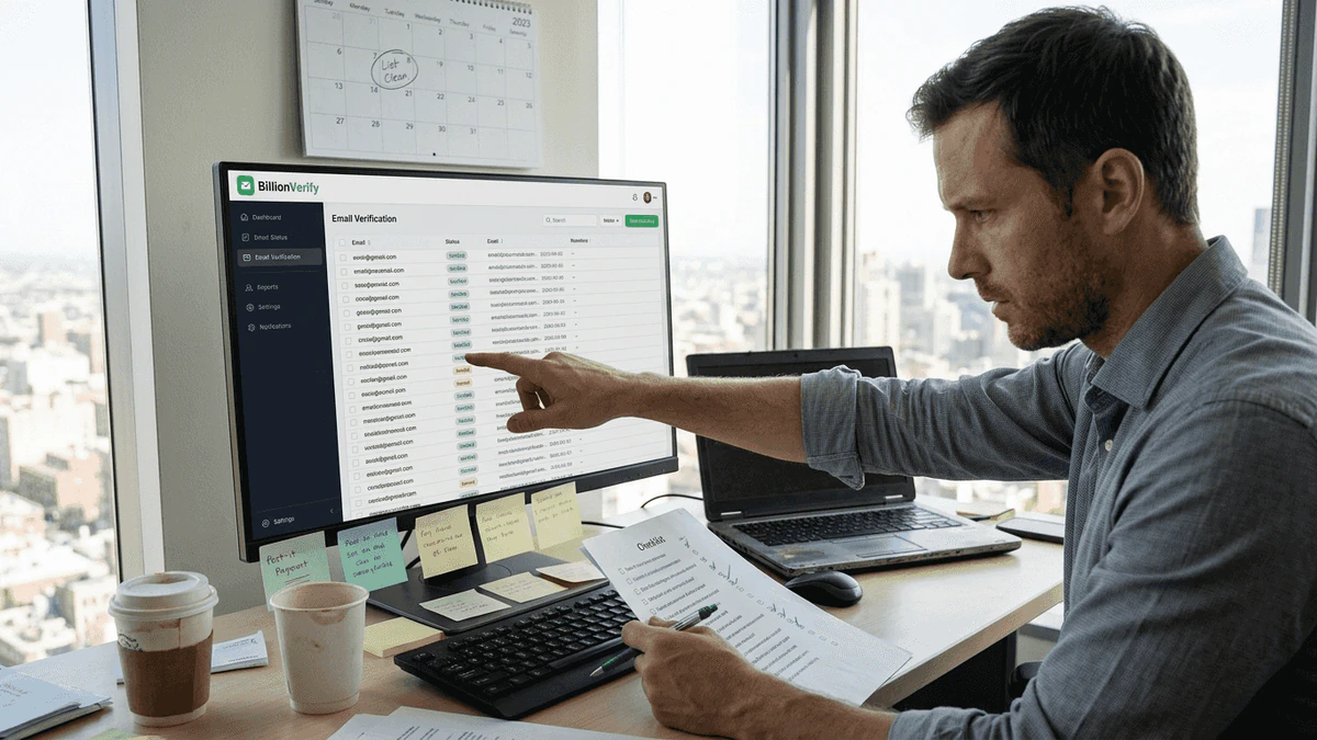 Man pointing at a BillionVerify email verification dashboard on his monitor while holding a checklist