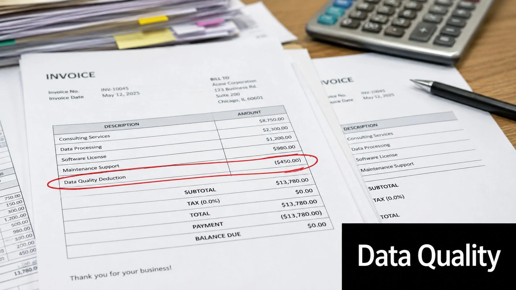 A close-up view of a business invoice highlighting a data quality deduction line item with a red circle.