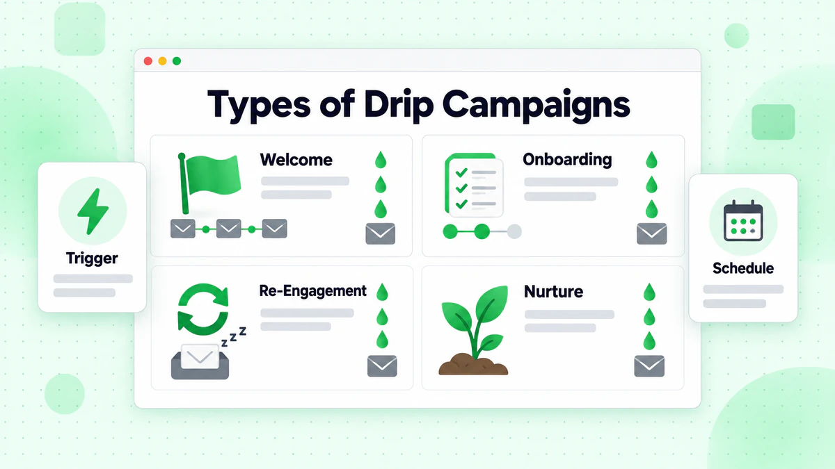 Types of drip campaigns: welcome, onboarding, re-engagement and nurture sequences as four cards