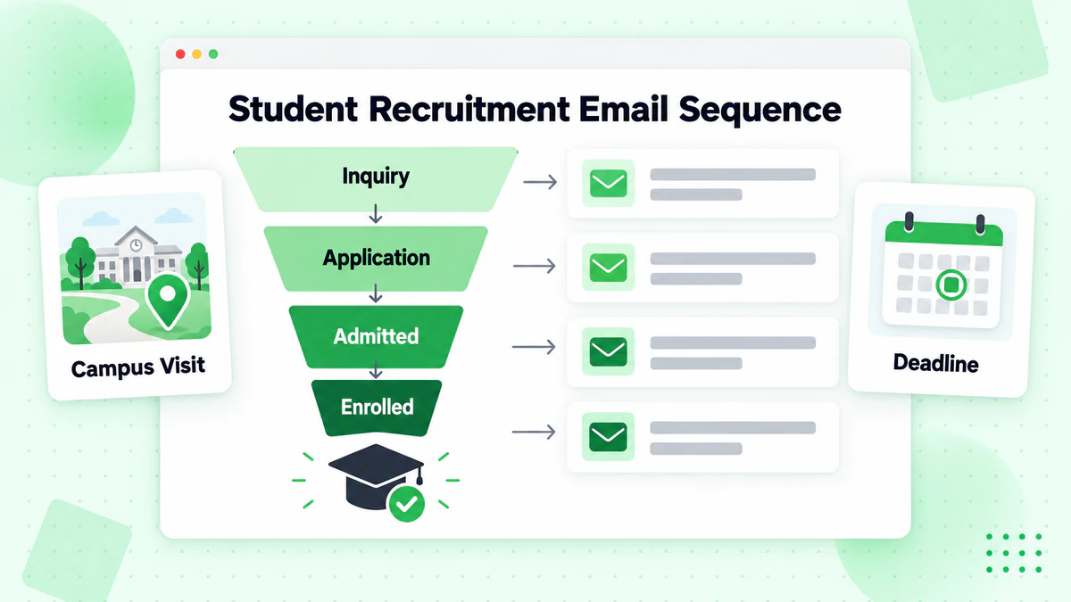 Student recruitment email sequence aligned to an inquiry, application, admitted and enrolled funnel