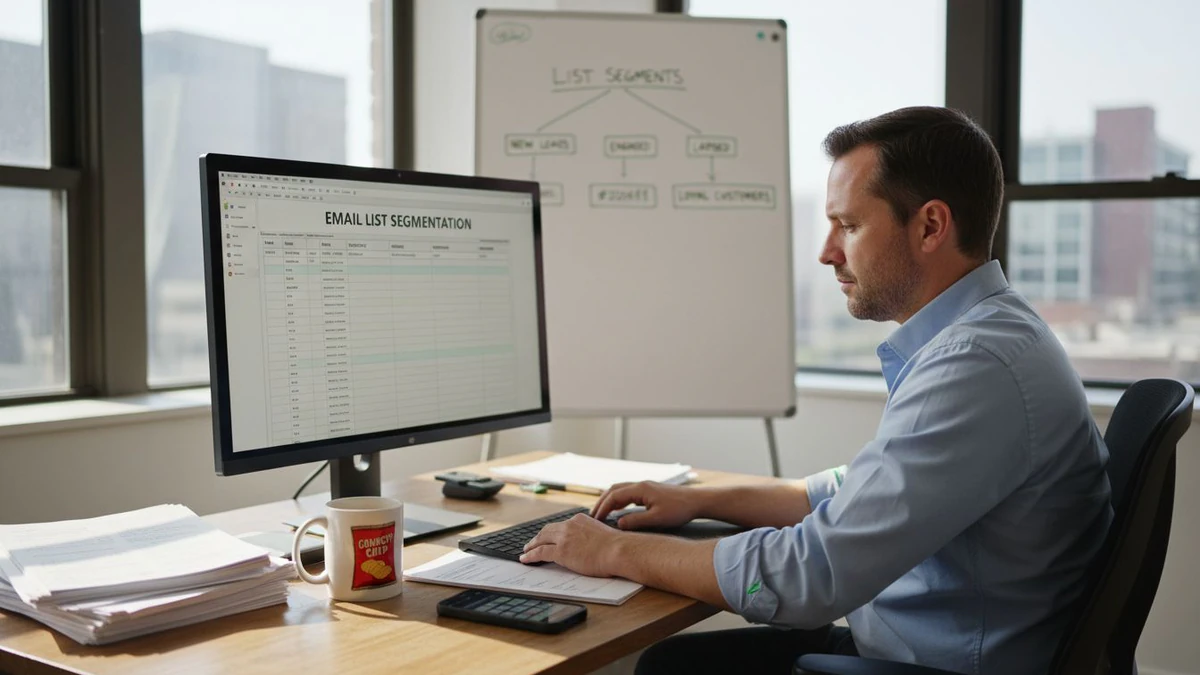 Man at a desk reviewing a segmentation sheet beside a list segments whiteboard for effective email list management