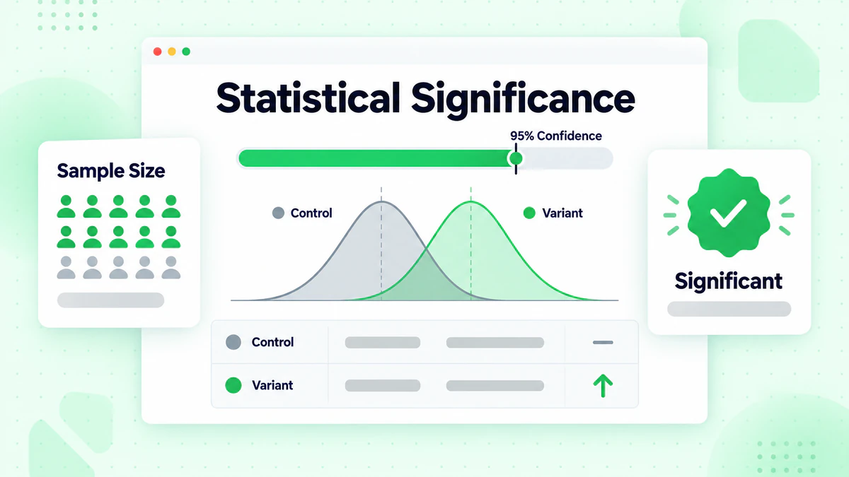 Significancia estadística en pruebas A/B de email: curvas de control y variante con medidor de confianza