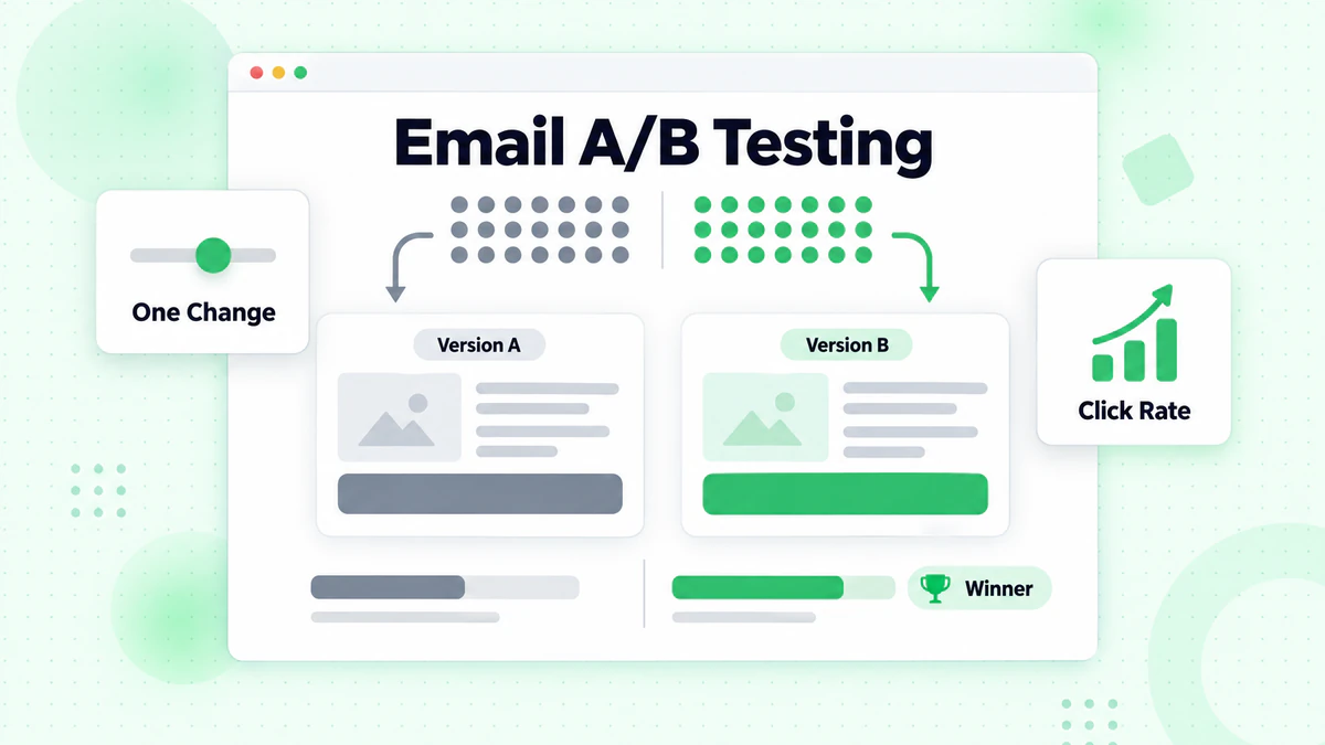 Prueba A/B de email que divide suscriptores entre versión A y versión B, con B ganando en tasa de clics