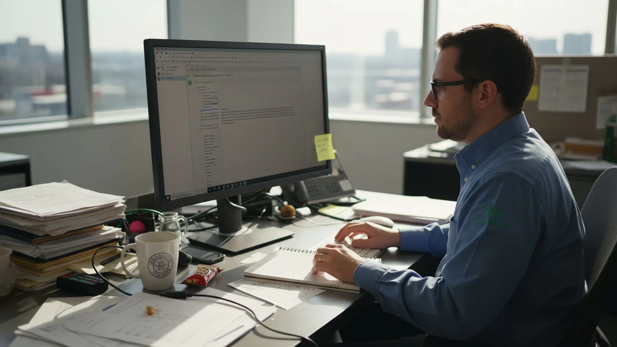 Man in a blue shirt typing at a cluttered desk, reviewing data for a guide to what is domain reputation