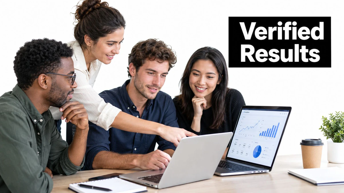 A diverse team of colleagues reviewing business analytics and data results on a laptop in an office.