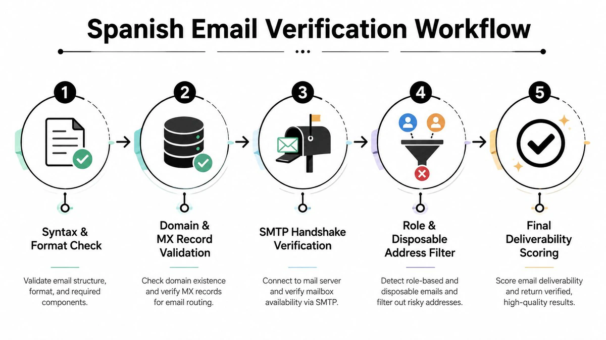 Ein fünfstufiges Flussdiagramm, das den professionellen Workflow zur Verifizierung von E-Mail-Adressen in Spanien darstellt.