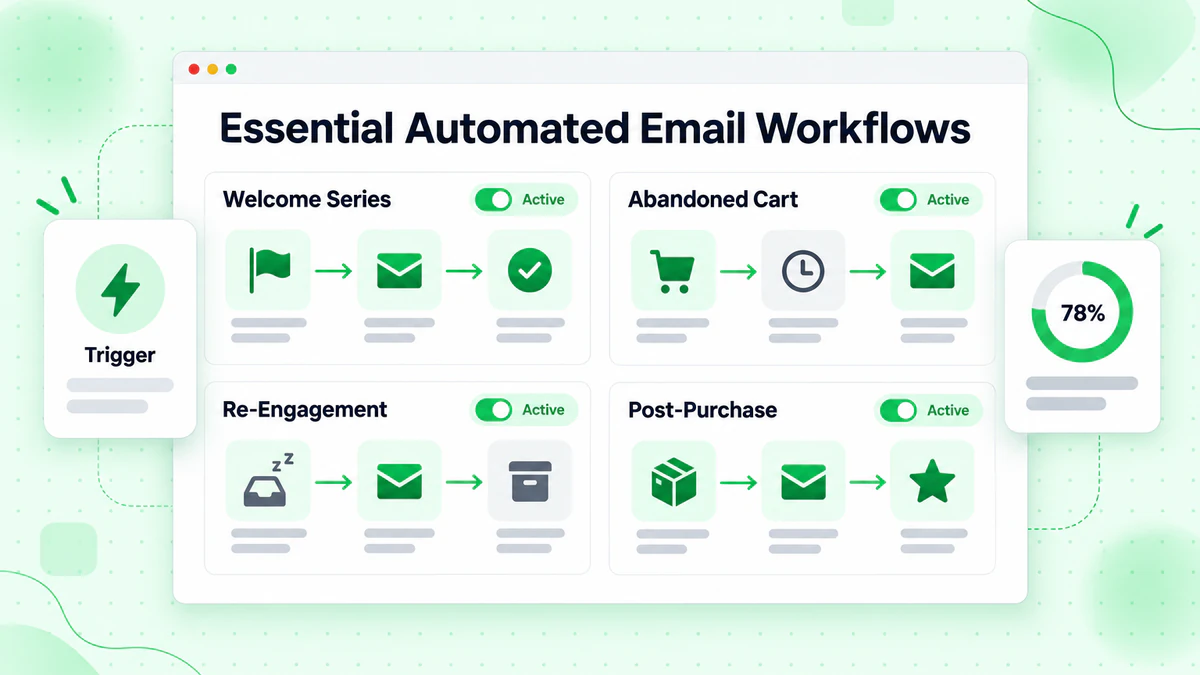 Essential automated email workflows: welcome series, abandoned cart, re-engagement and post-purchase