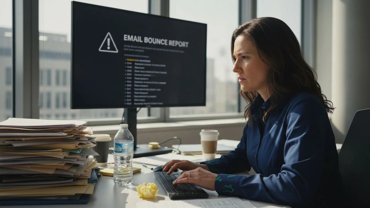 Woman at a desk viewing an Email Bounce Report on her monitor for an email bounce explained guide